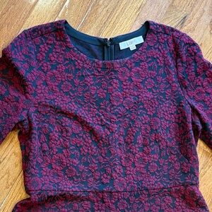 Elegant Loft Floral Dress Red Black flatter fitted upper a-line knee sz 14